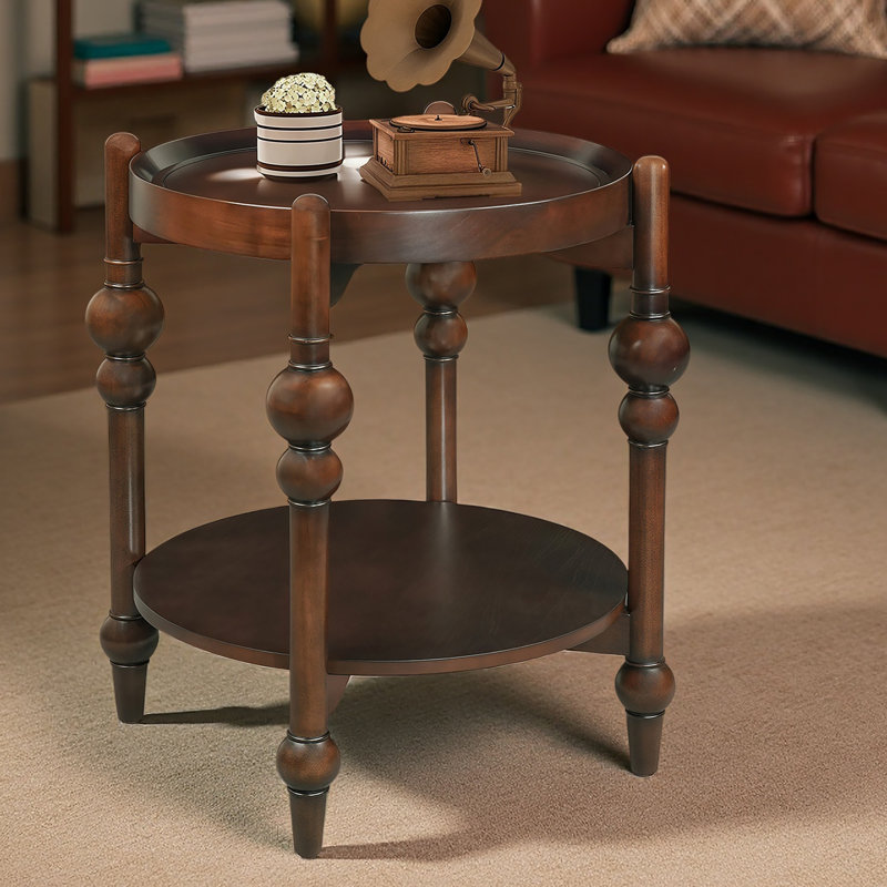 Classic Solid Wood Round Side Table With Lower Shelf