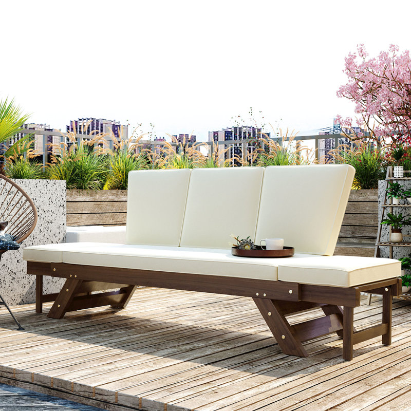 Lit de jour de patio avec fabrication en bois franc - rembourrage confortable, bois brun et beige - revêtement durable