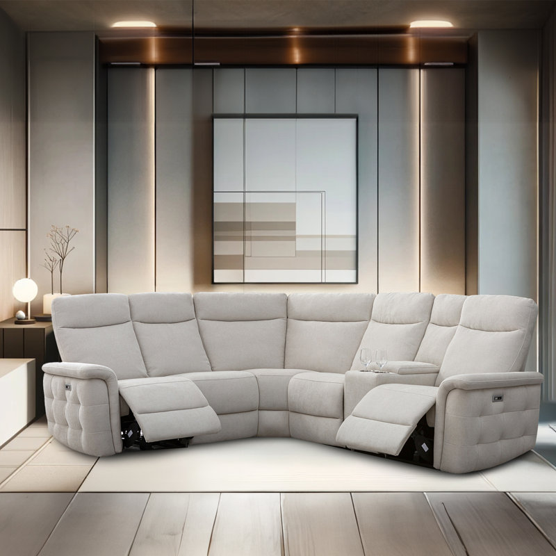 Upholstered Power Reclining Curved Sectional, Beige Fabric