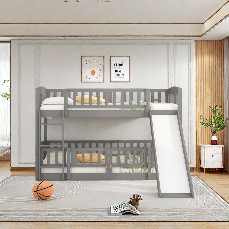 Standard Low Bunk Bed with Slide by Harriet Bee, Gray, Twin over Twin