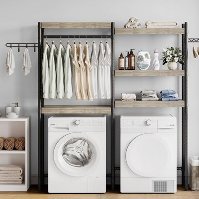 Laundry Room Organization And Storage, 5 Tier Wood Over The Washer And Dryer Storage Shelf With Drying Clothes Racks