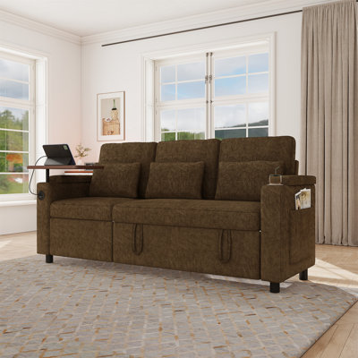 83-inch 3-in-1 foldable three-person sofa bed with a table board and USB ports, armrests with storage function