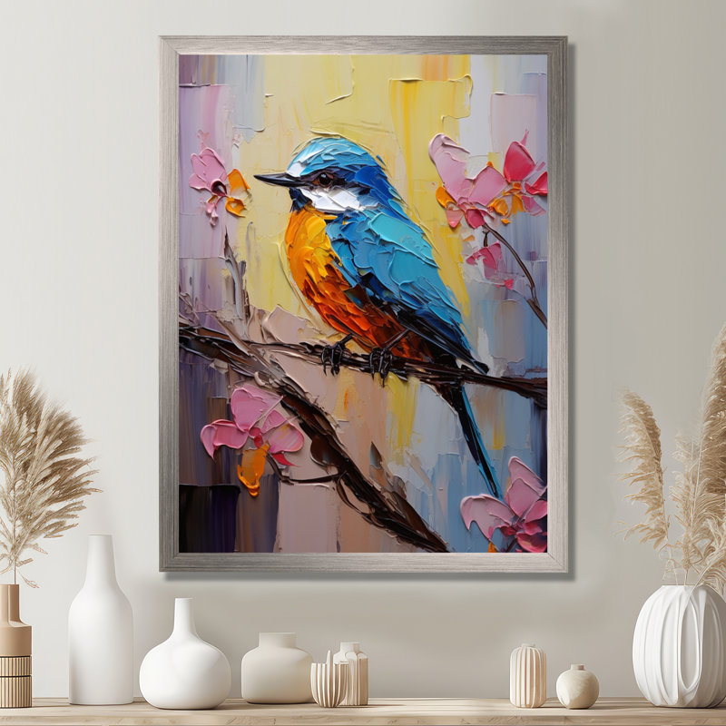 Bluebird Serenade, peinture - art mural oiseau, H 40 po x l 30 po x P 1,5 po, Cadre flottant blanc