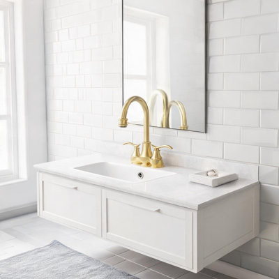 Robinet de salle de bain en or brossé avec bec pivotant, bonde escamotable et conception à deux poignées, fabrication en métal