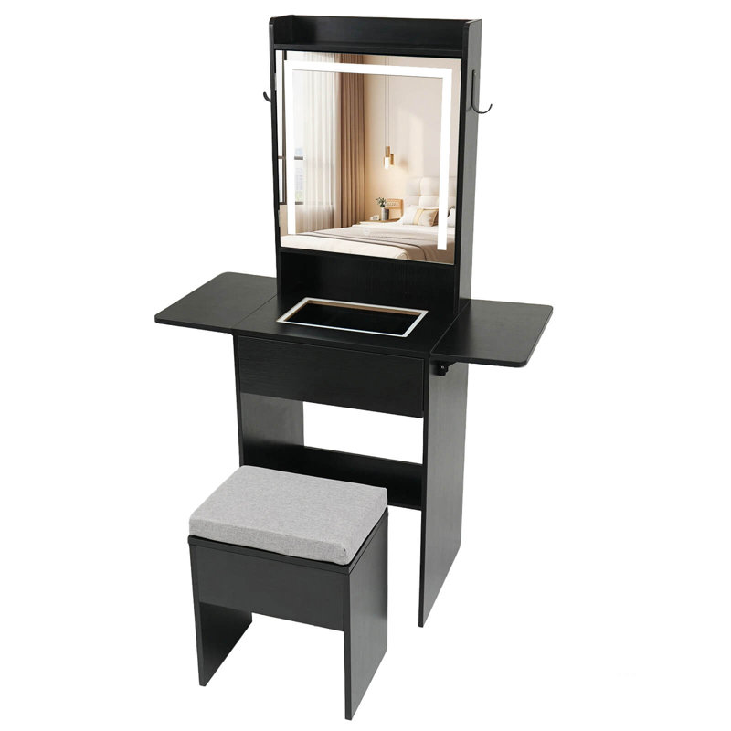 Vanity Desk with Mirror & Lights, Stool, 2 Drop Leaf Tables, Charging Station Black, Black