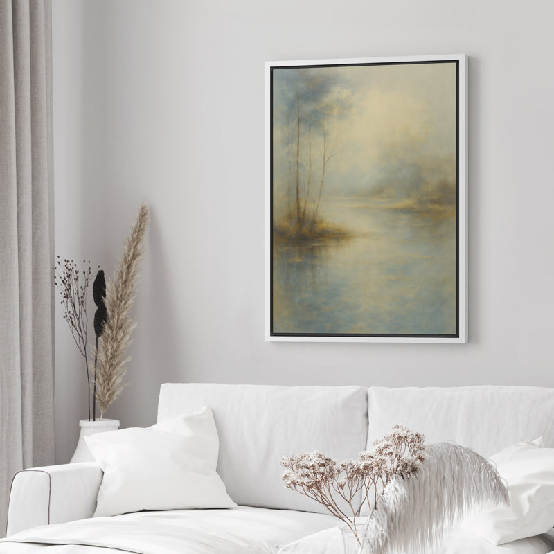 «Misty Lake Landscape Wall Art - Doux bleu clair et jaune scène tranquille», encadré par un décor inspiré de la nature, Blanc