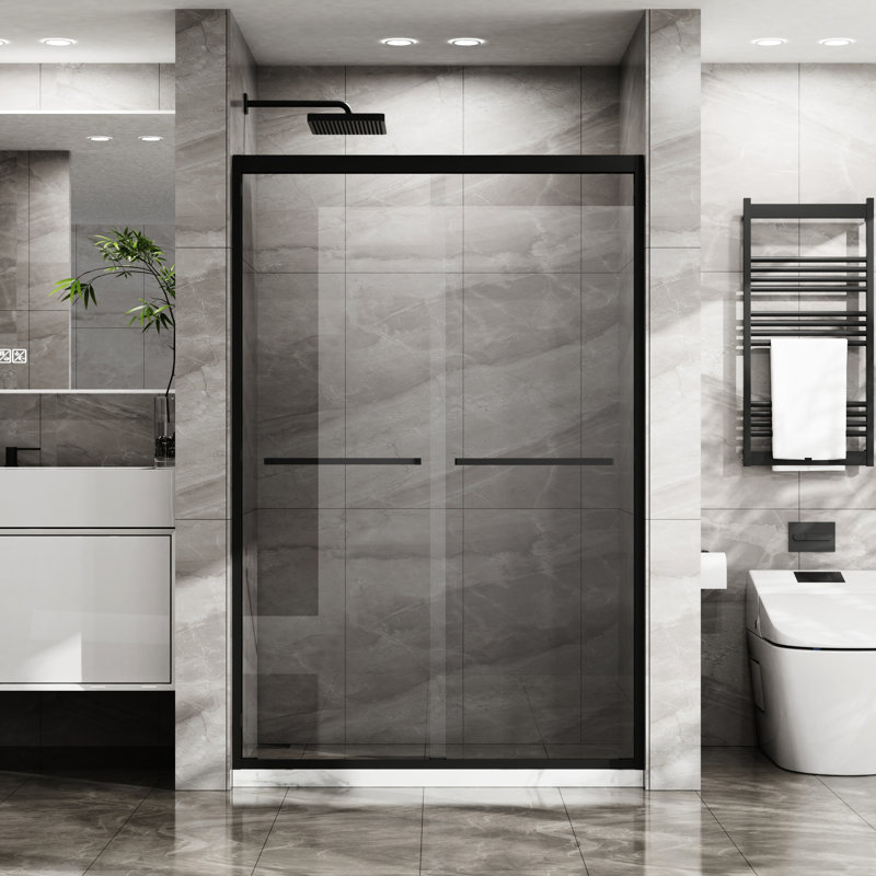 48" Shower Door X 72" - Double Sliding, Tempered Glass, Matte Black Frame, Stainless Steel Sliding Glass 48"X72", Aluminum,