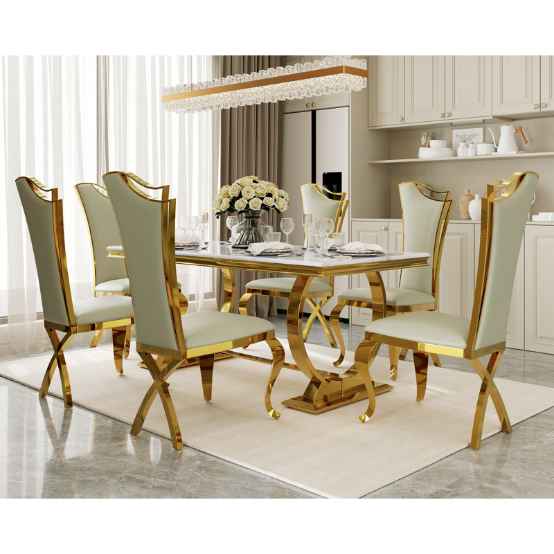 Ethanael Rectangular Faux Marble Top with Stainless Steel Base Dining Table, White Top/Polished Gold Base