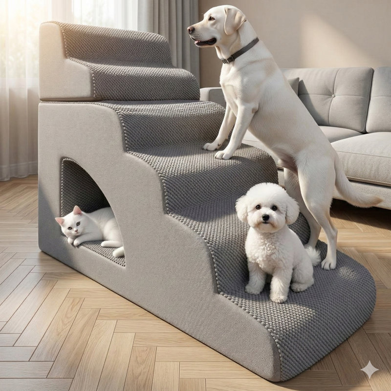 Six-Level 33D Foam Pet Ramp for High Beds and Sofas (18-36 Inches), Non-Slip Design Suitable for Small to Extra-Large Senior Dogs and Cats, Sturdy Construction, 75-Pound Capacity, Includes Machine-Washable Cover