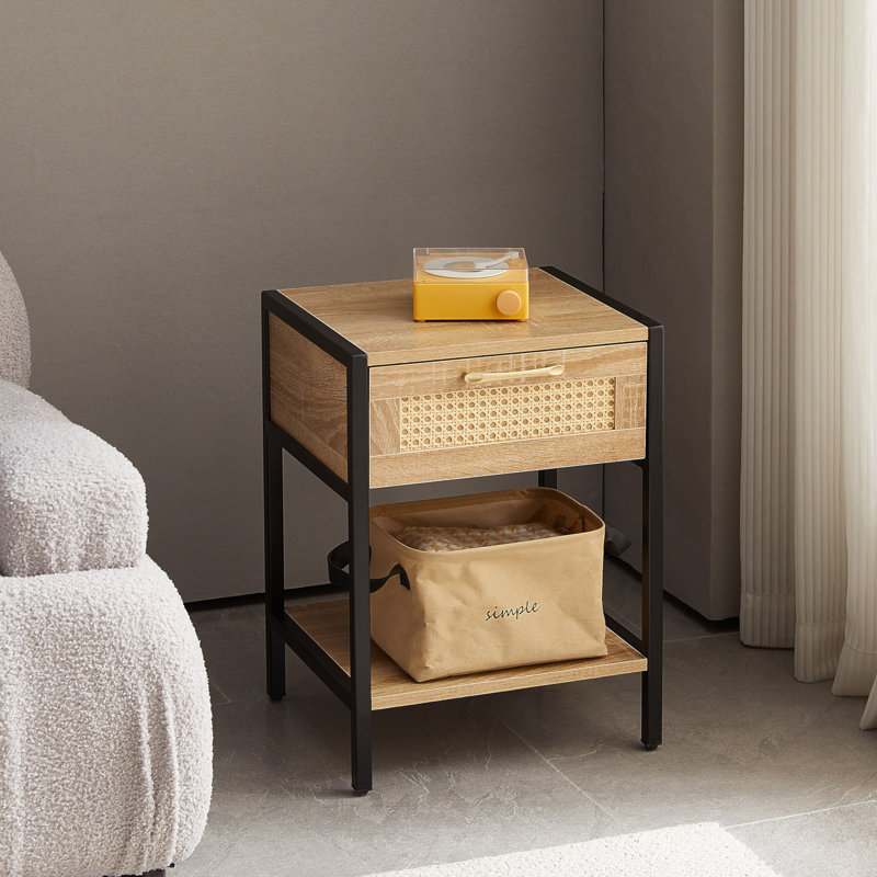 Natural Rattan and MDF Nightstand with Metal Legs and Storage