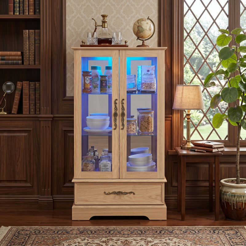 Vitrine lumineuse vitrée à 2 portes avec tablettes réglables, tiroir intégré et ampoule incluse, Chêne clair