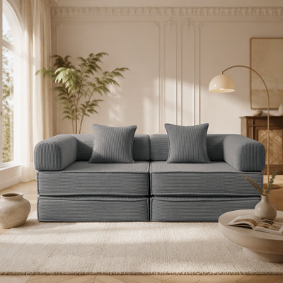 78" Convertible Sofa Bed, Modular Corduroy Couch with 2 Pillows, Space-Saving Compressed Floor Sofa, Ideal for Living Room, Bedroom, Apartment,Grey.