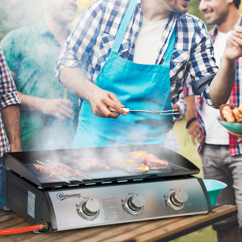 Outsunny Gas Plancha Barbecue Grill 3 Stainless Steel Burners 7.5kW