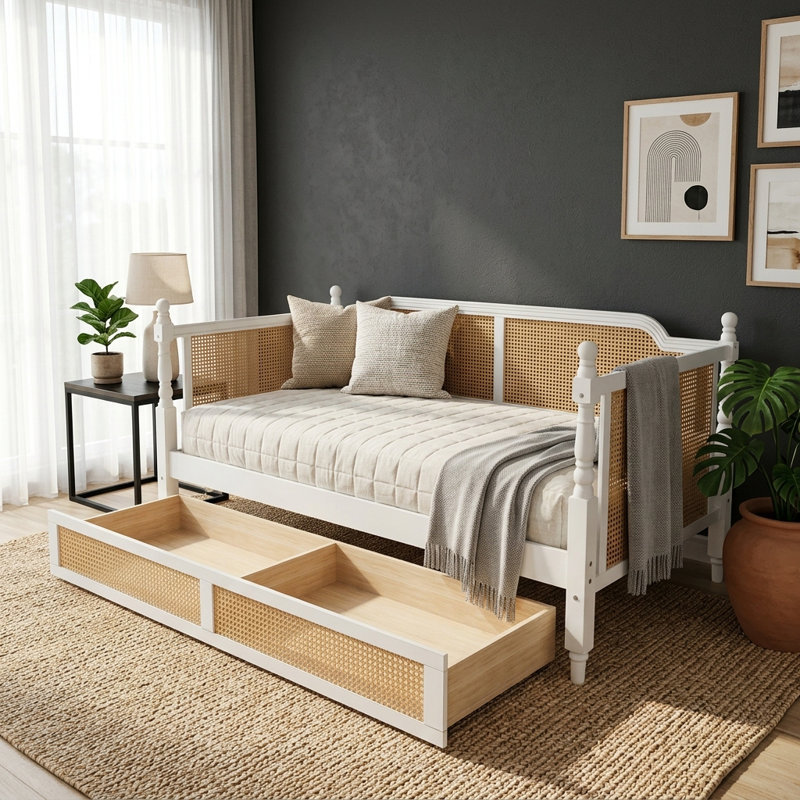 Lit de jour simple en rotin de style traditionnel avec 2 tiroirs de rangement pour un espace limité, chambre d'amis, aucun sommier tapissier requis