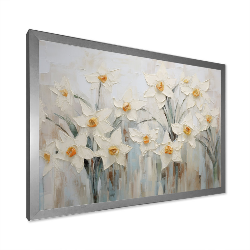 Minimalisme - jonquilles blanches II - impression, Cadre simple argenté, H 12 po x l 20 po x P 1 po