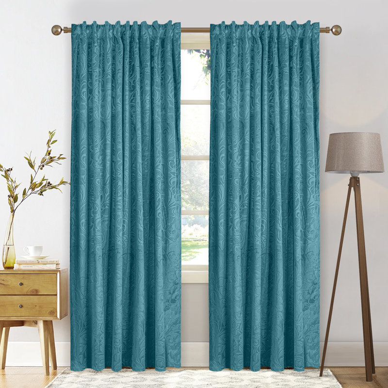 Rideaux de luxe en velours froissé à motif de blocs de couleur à motif damassé épaississant et isolant à la lumière, Bleu