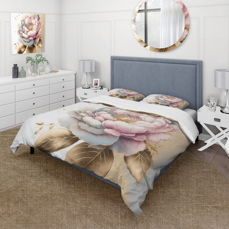 Ensemble de housse de couette camélia floral rose et doré - microfibre de polyester
