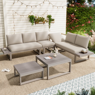 L-Shaped Garden Furniture Set with Reclining Seats, Wood Coffee Tables & Side Tables