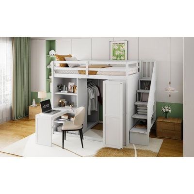 Gray Full Size Loft Bed Featuring Foldable Door Panels And Three Shelves, Built - In Desk For Work, Ideal Modern Bedrooms With Wardrobe Gray, Shelves Neat Storage, Enhancing Your Home Experience
