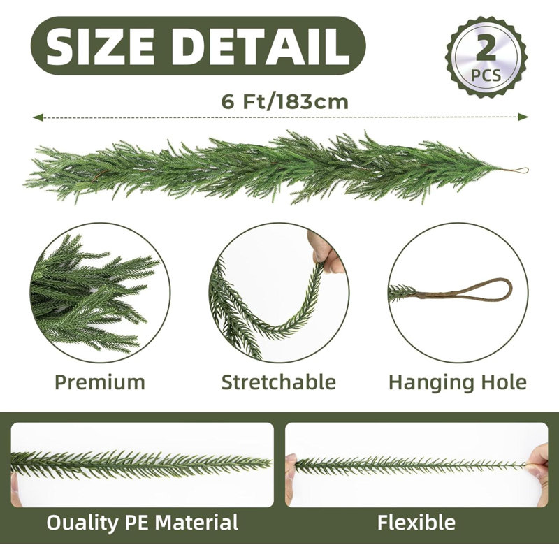 2Pcs Guirlandes de pin Norfolk Real Real Real Touch Winter Xmas Garland Christmas Decorations