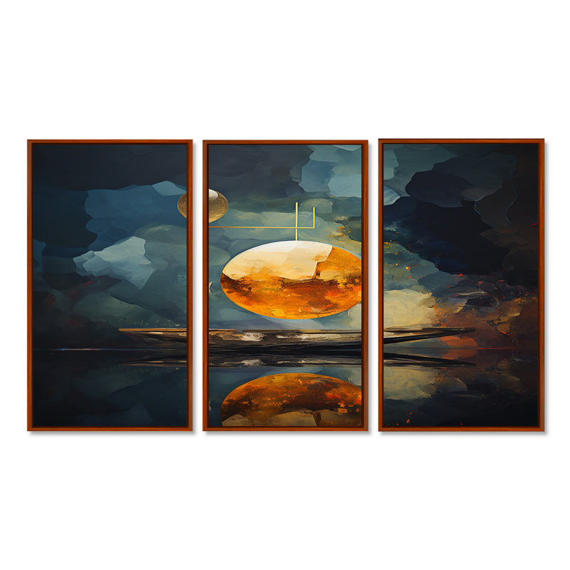 Golden Moon Mystic Night - ensemble d'art mural géométrique, Cadre flottant brun, H 32 po x l 48 po x P 1 po