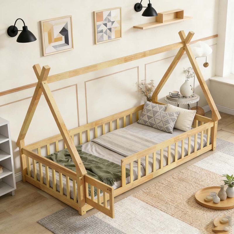 Lit de sol en forme de tente, lit tipi avec garde-corps, lattes et porte, Lit simple, Naturel