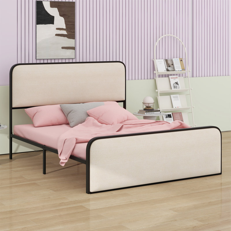 Structure de lit moderne en métal avec tête de lit et pied de lit rembourrés avec rangement sous le lit, Grand