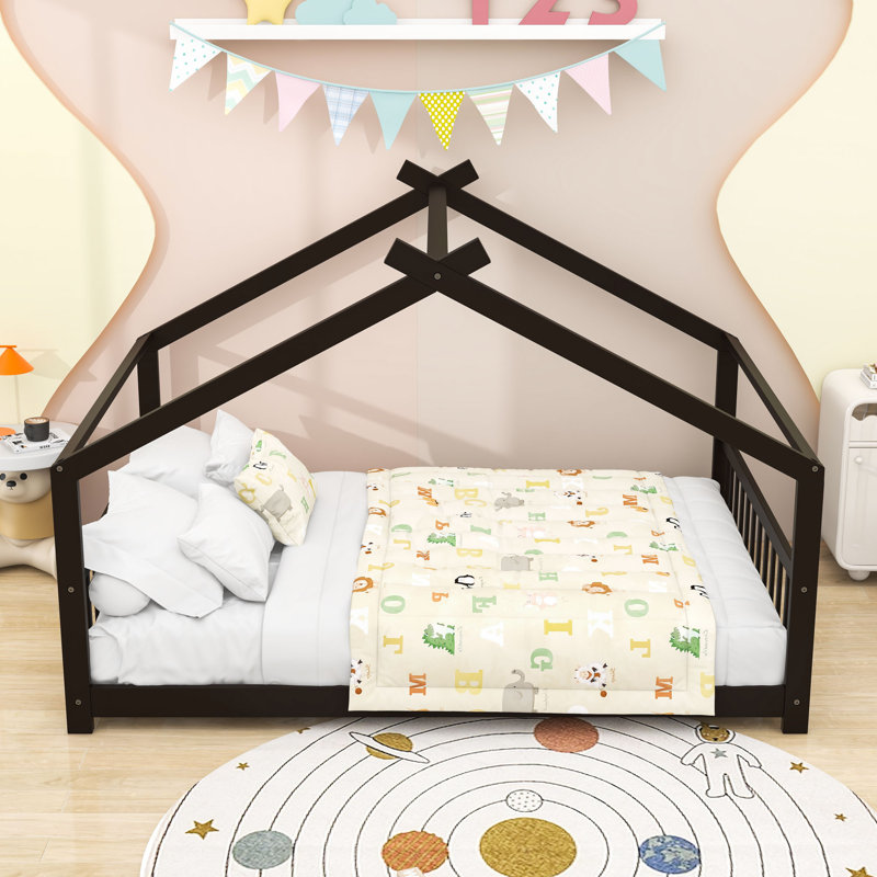 Charmant lit en bois avec toit, Double, Espresso