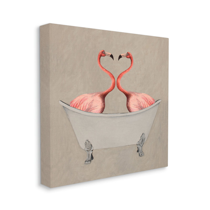 Flamants roses dans la baignoire, peinture sur toile beige, H 30 po x l 30 po x P 1,5 po