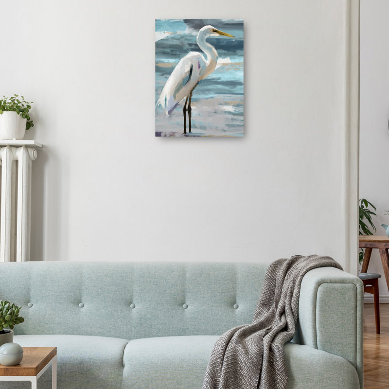 Sunday Egret White and Gray Canvas Art Print 14" x 11"