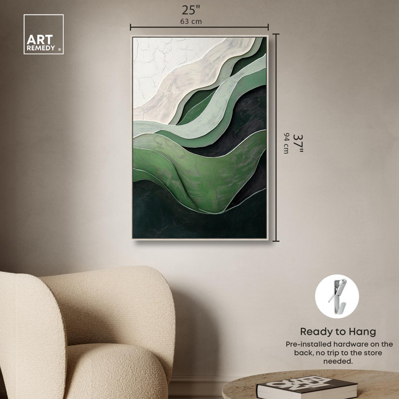 «Green Echoes I», art abstrait vert, H 37 po x l 25 po, Cadre argenté