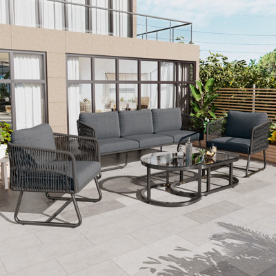 Azden Outdoor Conversation Sets Handwoven Rope Weaving Furniture Set For 5 People With Galvanised Iron Frame