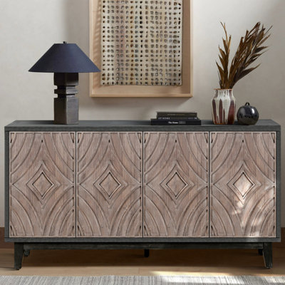 Mid Century Buffet Cabinet - 60" Antique Style For Dining Area 4 Concave And Convex Pattern Doors, 2 Shelves, Solid Wood Legs Large Sideboard Storage