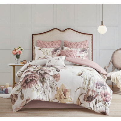 Ensemble d'édredon en coton 8 pièces Blush | 100% coton | Grand imprimé floral | Comprend un édredon, des taies décoratives et des coussins décoratifs