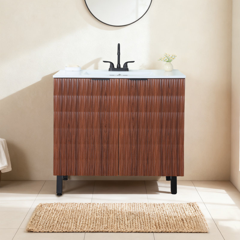 Walnut Oak Modern Free-Standing Bathroom Vanity Set, 35.4"