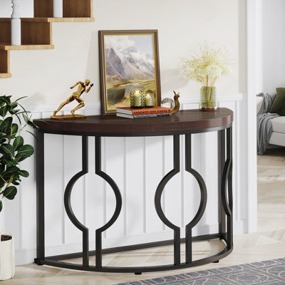 Console demi-lune pour le hall d'entrée, canapé industriel semi-circulaire de 43 pouces avec base géométrique, table d'appoint en bois pour le salon, couloir, vestibule, entrée, brun rustique