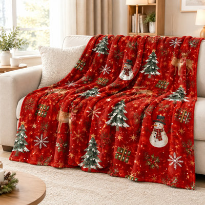 Cozy Christmas Throw Blanket, Festive Snowman & Reindeer Design, Plush Soft Blanket for Sofa Couch Bedroom Living Room Holiday Home Decor