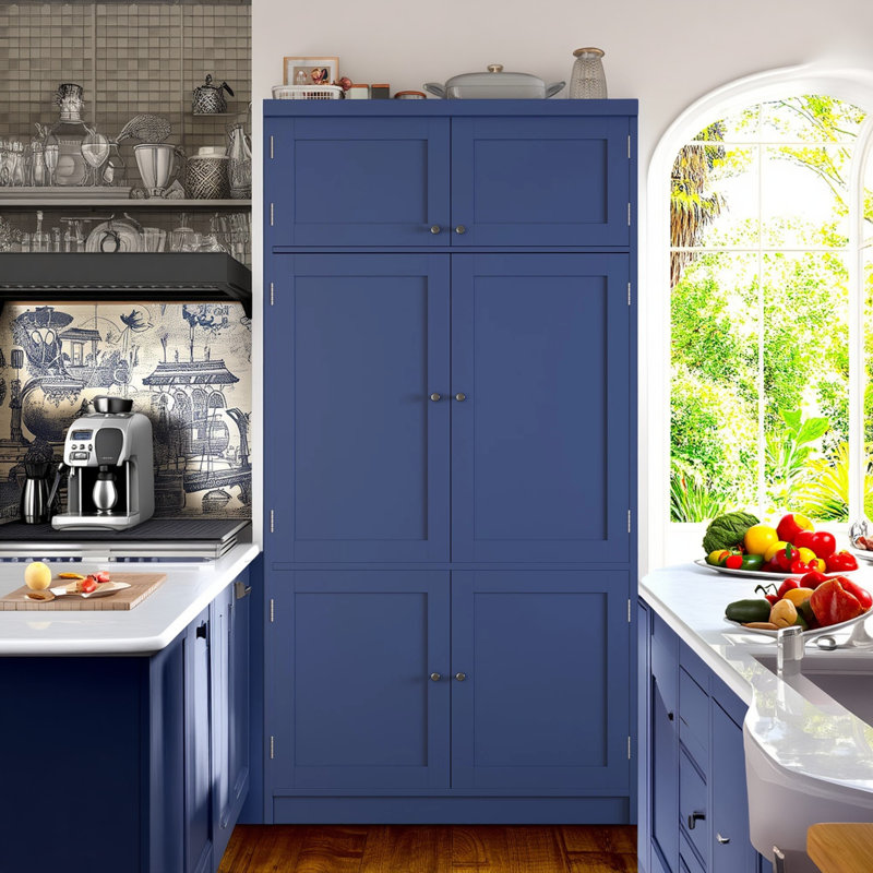 Armoire de cuisine autoportante de 80,1 po de hauteur avec prises de courant, rangement extra large, support à vin, tiroirs et tablettes réglables, armoire de style Shaker