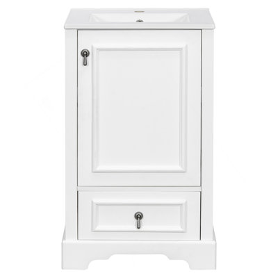Meuble-lavabo de 20 po avec lavabo en céramique, porte à fermeture en douceur, tablette ajustable en forme de U, tiroir de compartiment et support de porte, style moderne, conception peu encombrante
