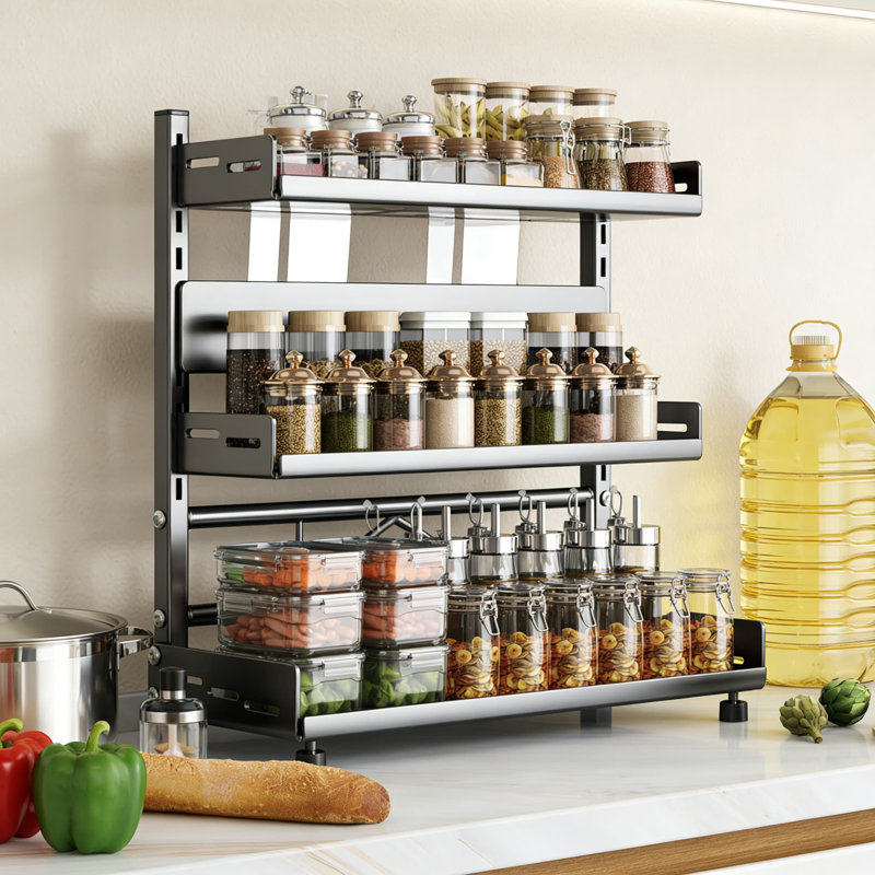 Étagère à épices réglable à 3 niveaux pour armoire - Tablette de rangement robuste en métal antirouille pour garde-manger et salle de bain