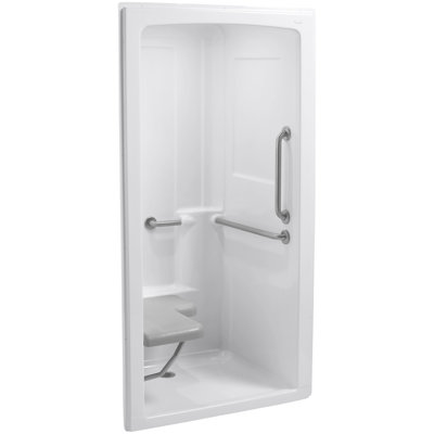 Cabine de douche à transfert sans barrière à une pièce 45 po x 37-1/4 po x 84 po avec barres d’appui en acier inoxydable brossé et siège à gauche Freewill