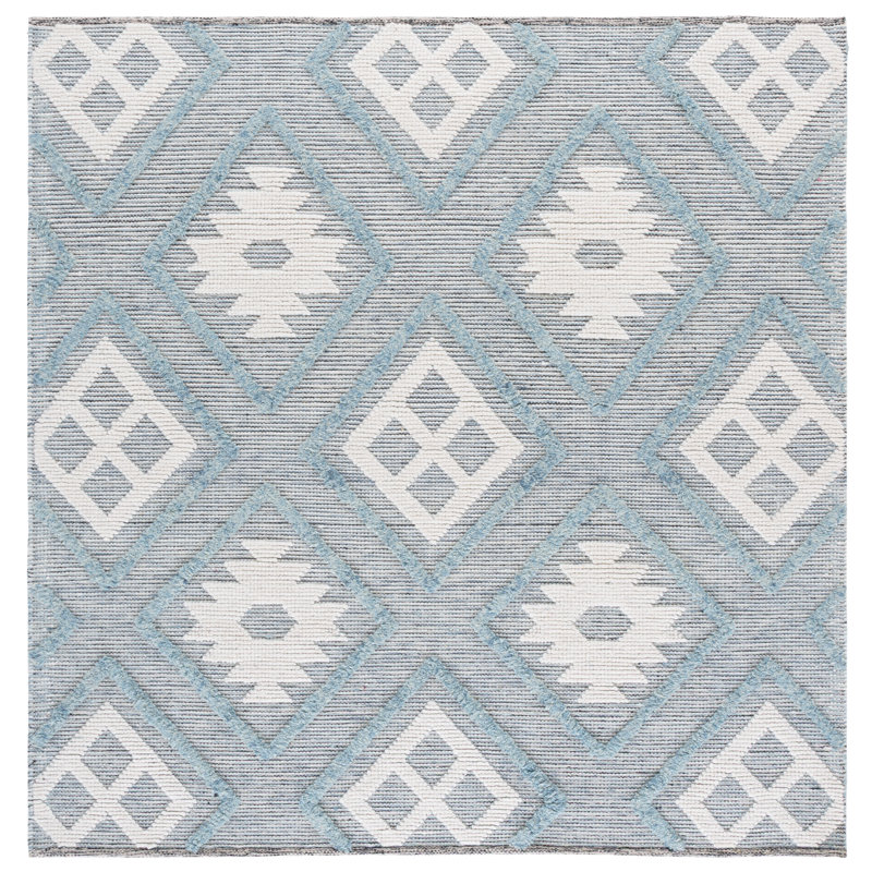 Vermont Hand Loomed Wool/Cotton Southwestern Rug in Ivory/Blue, Square 6'