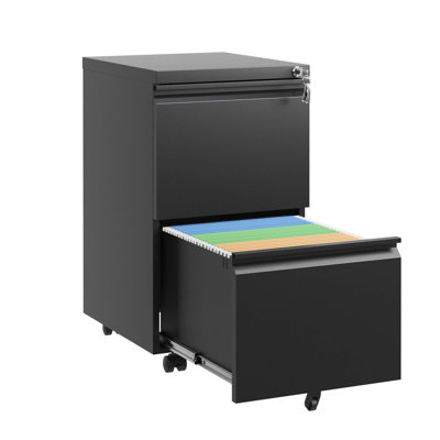 2-Drawer Mobile Metal File Cabinet with Locking Wheels, Black Office Storage Unit