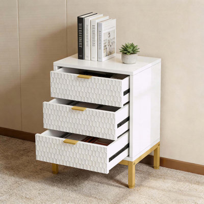 Tall Bedside Cabinet with 3 Drawers, White & Gold