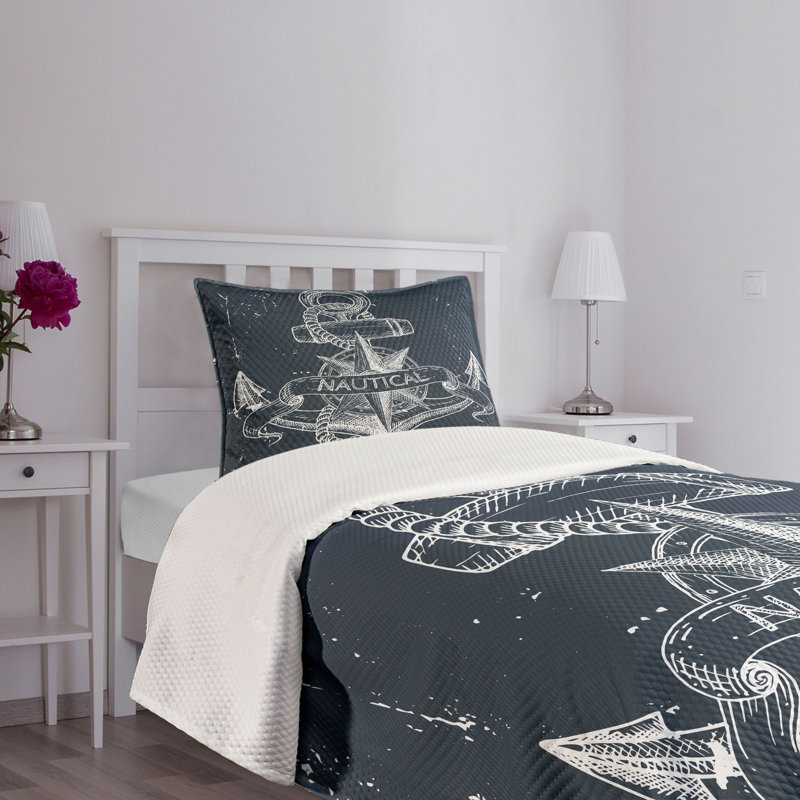 Nautical Twin White and Dark Blue Quilted Bedspread Set