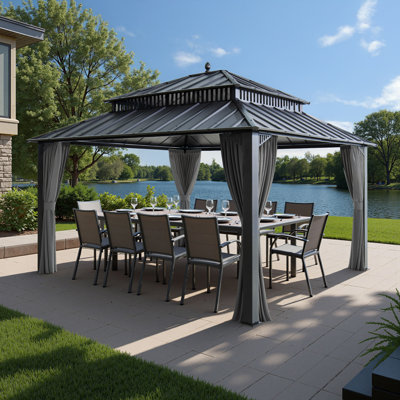 Pavillon de jardin 14 pi x 12 pi SUNJoy Kingston, pavillon en acier avec toit rigide et rideaux