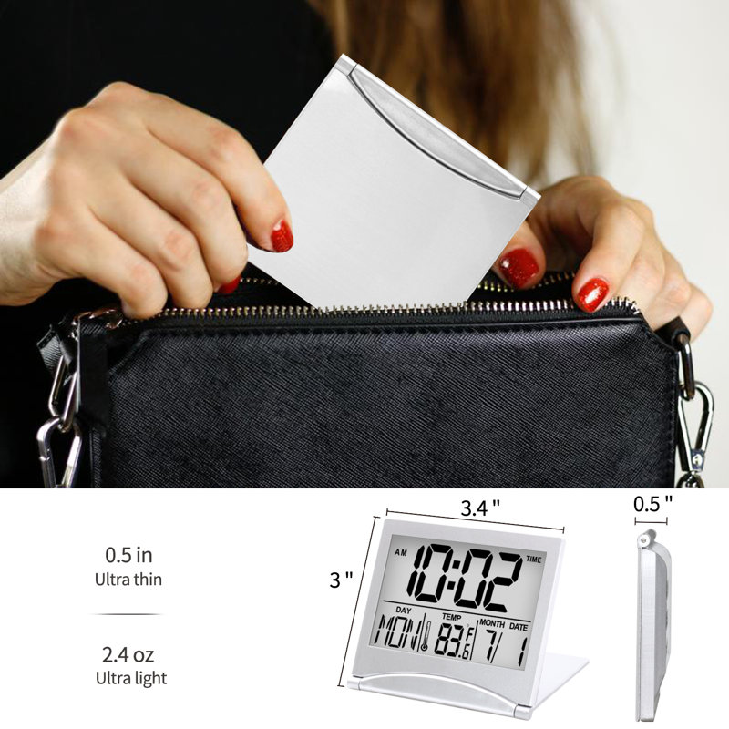 Digital Travel Alarm Clock - Foldable Calendar Temperature Timer LCD Clock with Snooze Mode - Large Number Display, Battery Operated - Compact Desk Clock(Silver, No Backlight)