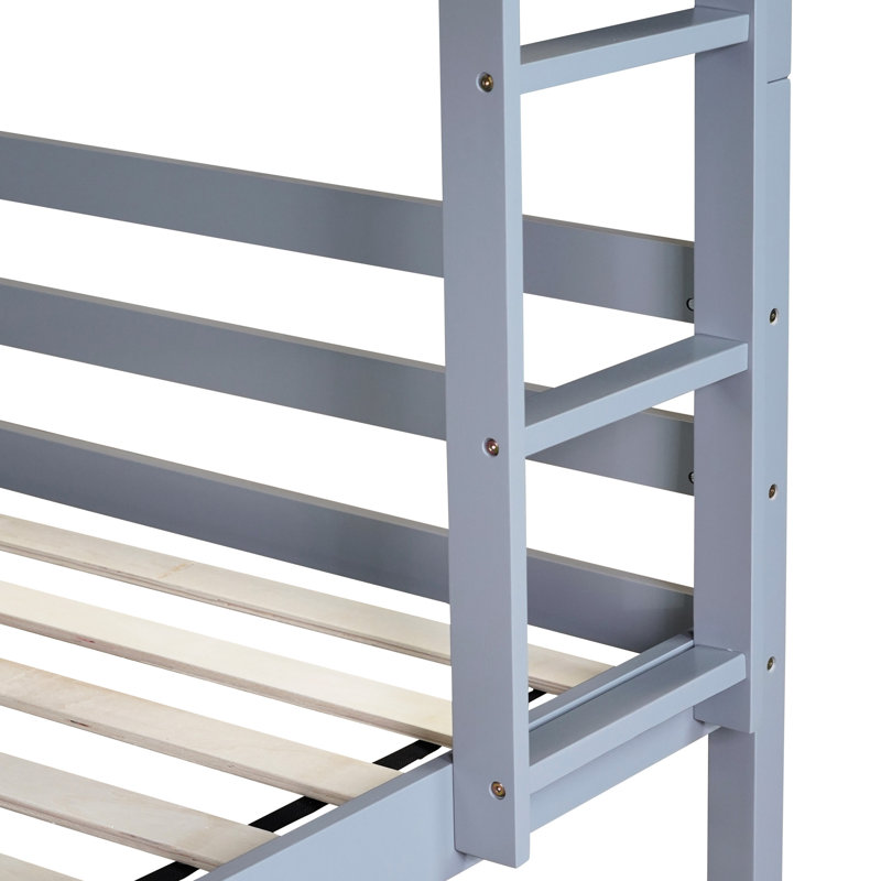 Lit simple superposé avec tablettes, bois d'hévéa gris, garde-corps et lit détachable à 2 lits, structure en bois avec rangement pour tête de lit bibliothèque, lits convertibles et décoratifs