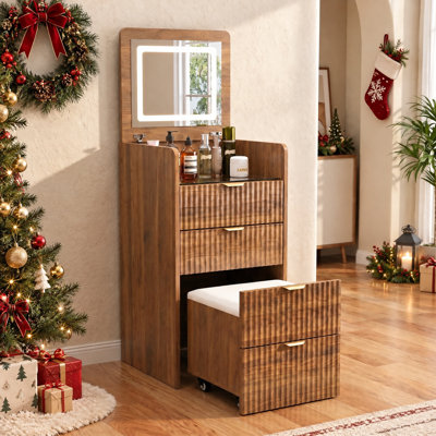Meuble-lavabo 3 en 1 avec tabouret roulant, 3 tiroirs et charge, meuble-lavabo compact avec miroir rabattable et lumières