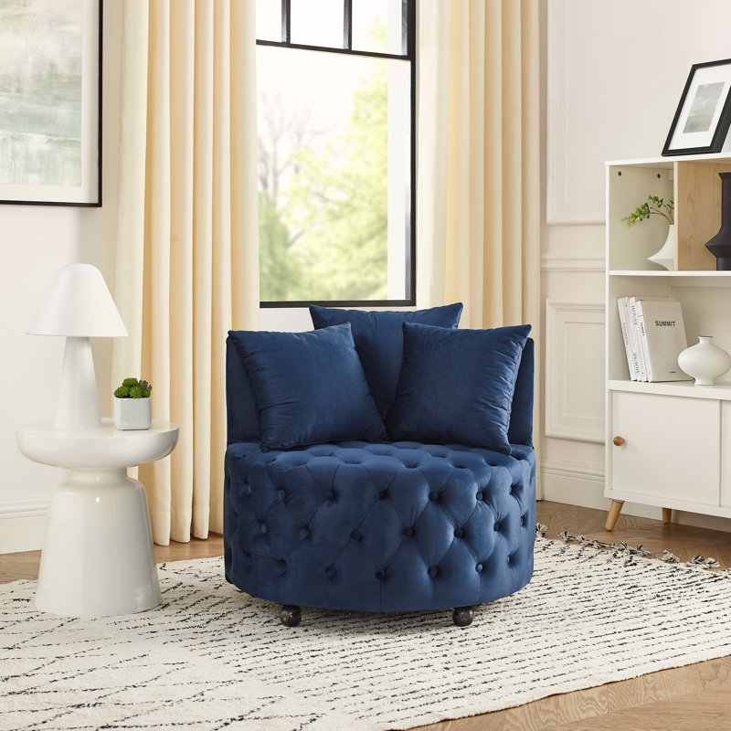 Chaise pivotante rembourrée en velours avec capitonnage à boutons, roues mobiles et 3 coussins pour les espaces de vie modernes